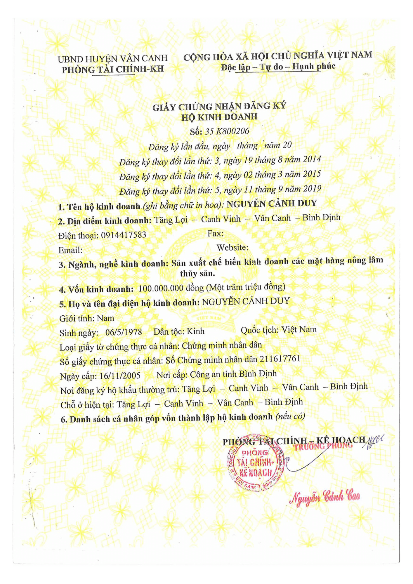 GIẤY CHỨNG NHẬN ĐĂNG KÝ HỘ KINH DOANH