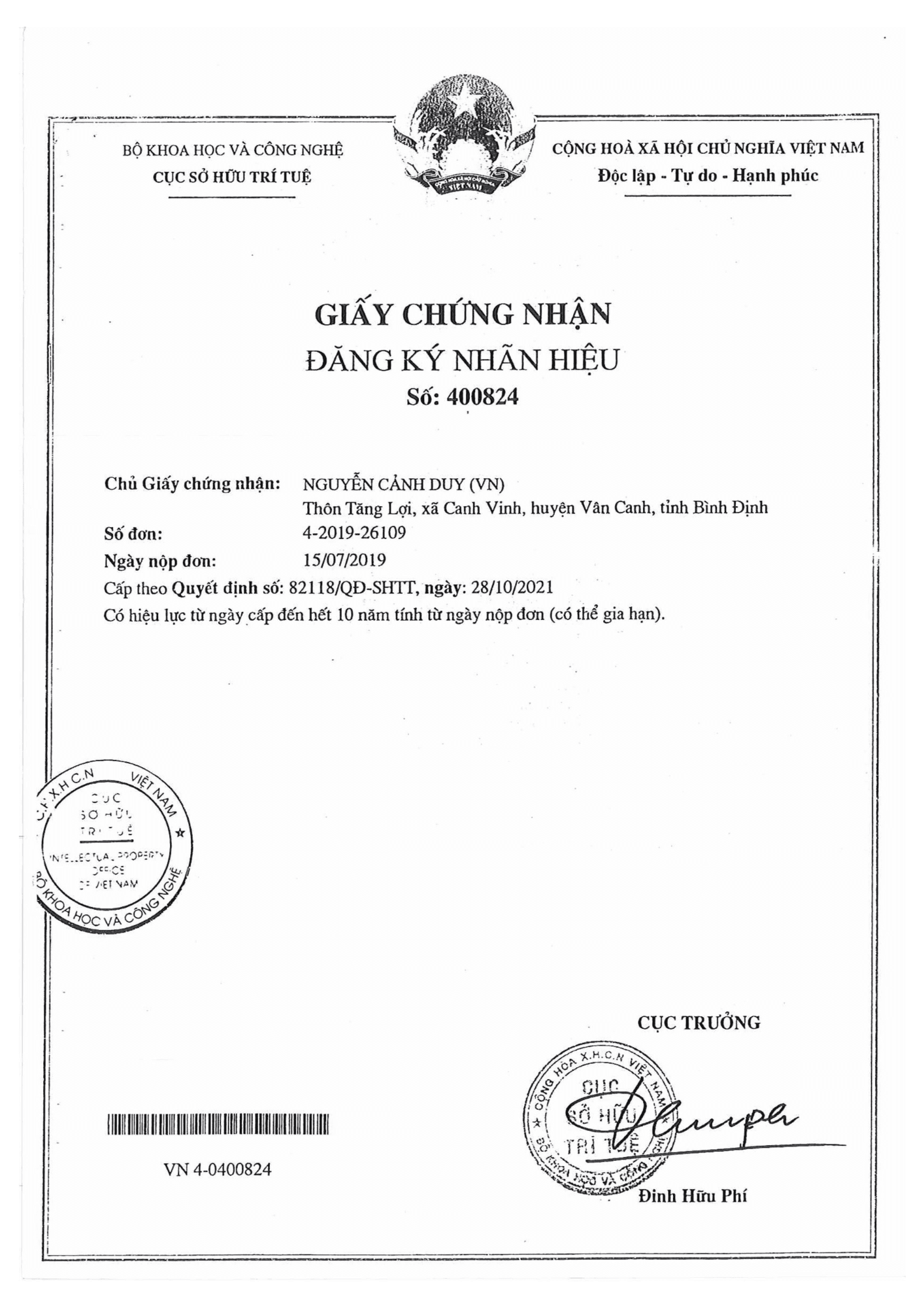 GIẤY CHỨNG NHẬN ĐĂNG KÝ NHÃN HIỆU