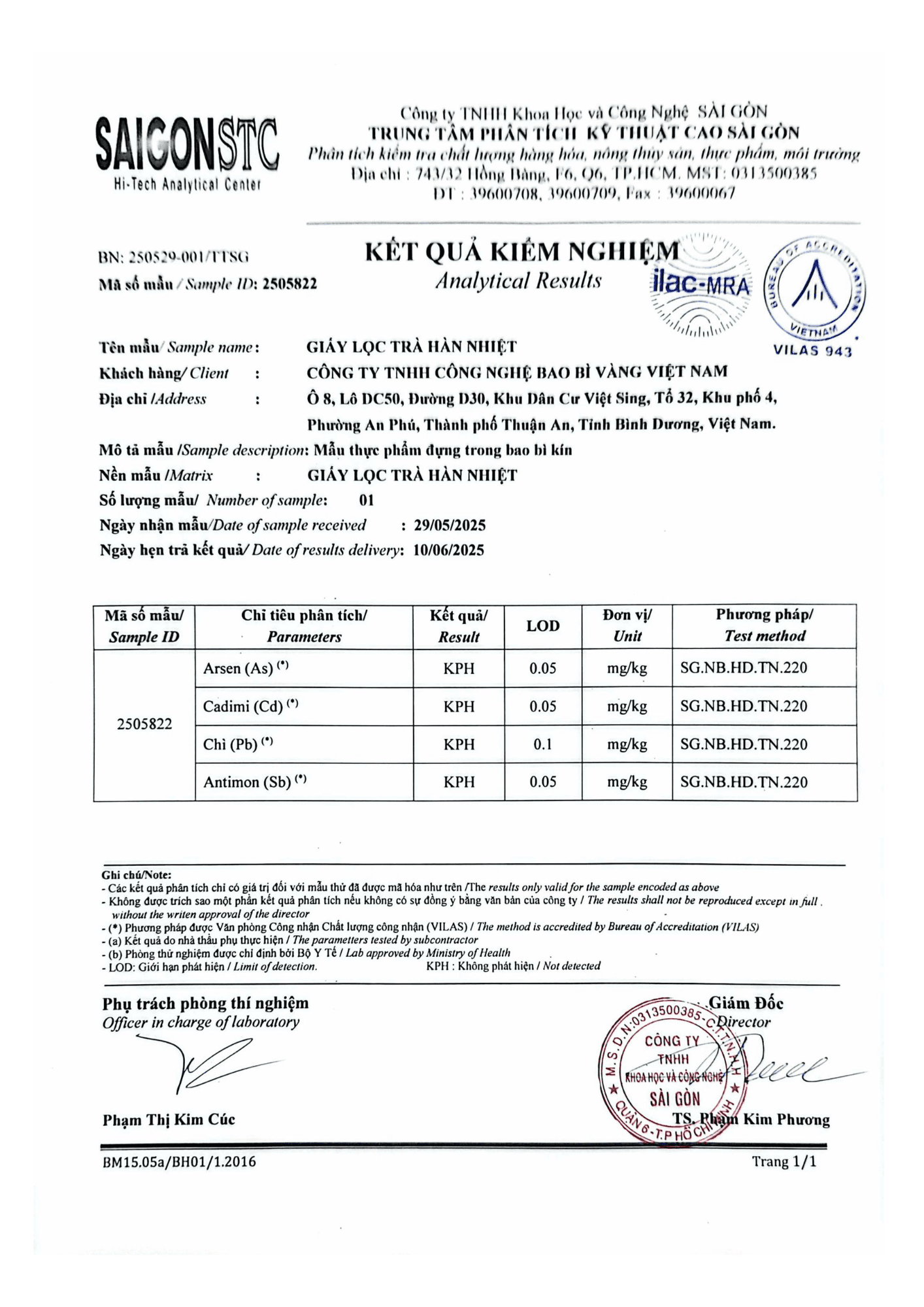 KẾT QUẢ KIỂM NGHIỆM TÚI LỌC GIẤY DO CÔNG TY TNHH CÔNG NGHỆ BAO BÌ VÀNG VIỆT NAM CUNG CẤP